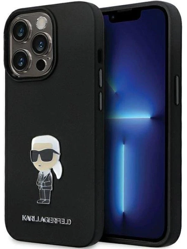 Dėklas Karl Lagerfeld KLHCP14LSMHKNPK Apple iPhone 14 Pro 6.1″ juodos spalvos Silicone Ikonik Metal Pin