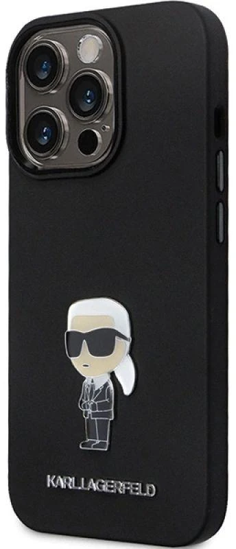 Dėklas Karl Lagerfeld KLHCP14LSMHKNPK Apple iPhone 14 Pro 6.1″ juodos spalvos Silicone Ikonik Metal Pin