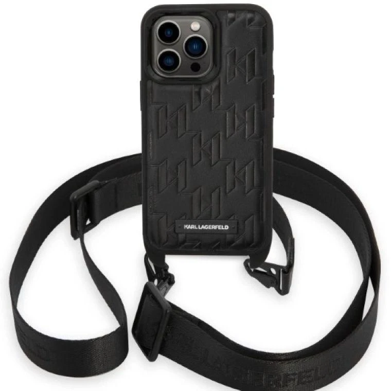 Dėklas Karl Lagerfeld KLHCP14LSTMMK Apple iPhone 14 Pro 6,1″ hardcase juodos spalvos Monogram Plaque Logo Strap