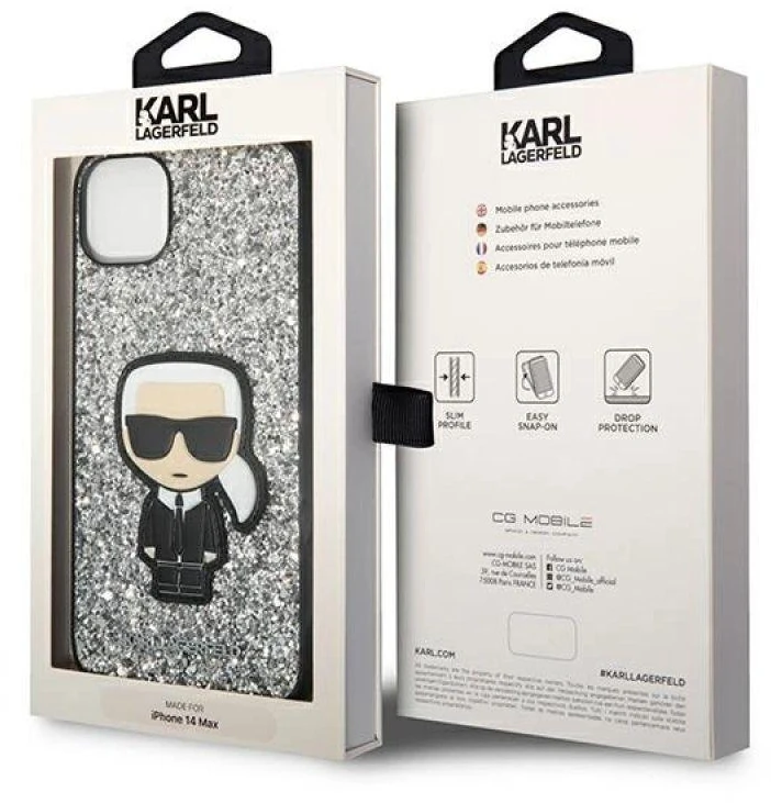 Apple iPhone 14 Plus Karl Lagerfeld dėklas Glitter Flakes Ikonik (KLHCP14MGFKPG) sidabrinės spalvos