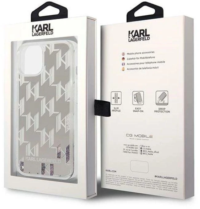 Karl Lagerfeld KLHCP14MLMNMS Apple iPhone 14 Plus / 15 Plus 6,7″ kietas dėklas sidabrinis Liquid Glitter Mon