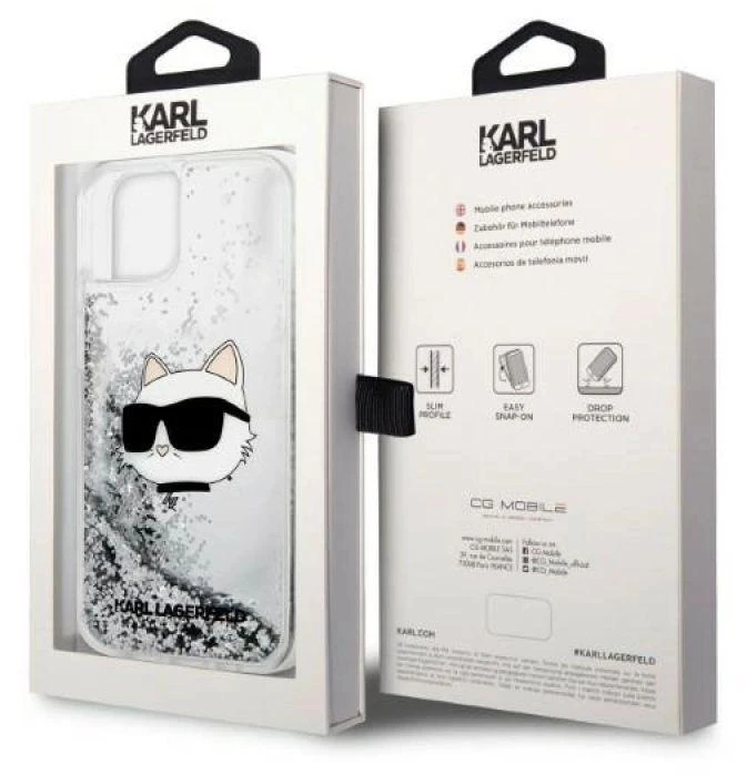 Karl Lagerfeld KLHCP14MLNCHCS iPhone 14 Plus / 15 Plus 6,7″ sidabrinis kietas dėklas Glitter Choupette