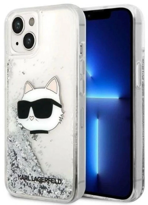 Karl Lagerfeld KLHCP14MLNCHCS iPhone 14 Plus / 15 Plus 6,7″ sidabrinis kietas dėklas Glitter Choupette