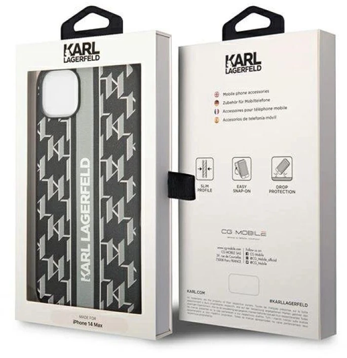 Karl Lagerfeld KLHCP14MPGKLSKG Apple iPhone 14Plus / 15 Plus 6,7″ kietas dėklas pilkos spalvos Monogram Stripe