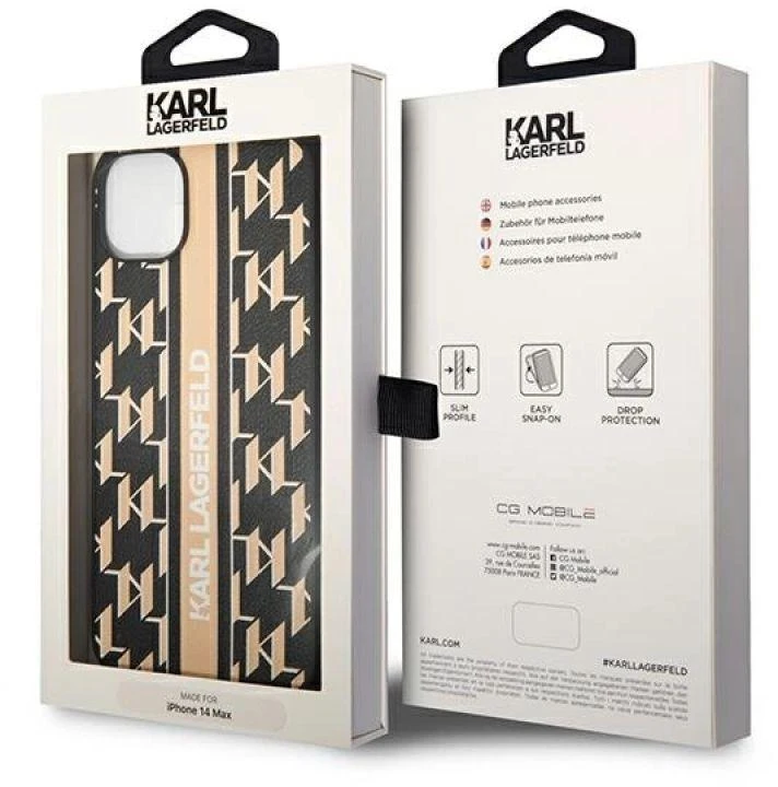 Dėklas Karl Lagerfeld Hardcase Monogram Stripe KLHCP14MPGKLSKW galinis dangtelis, Apple, iPhone 14 Plus, TPU, ruda, 6,7 colio