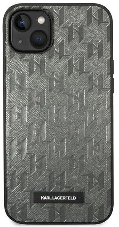 Karl Lagerfeld KLHCP14MSAKLHPG Apple iPhone 14 Plus / 15 Plus 6,7″ kietas dėklas pilkos spalvos Saffiano Mono Metal