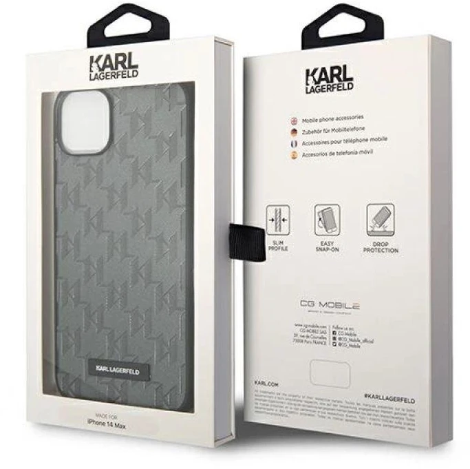 Karl Lagerfeld KLHCP14MSAKLHPG Apple iPhone 14 Plus / 15 Plus 6,7″ kietas dėklas pilkos spalvos Saffiano Mono Metal