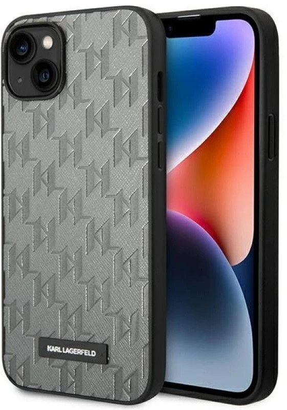 Karl Lagerfeld KLHCP14MSAKLHPG Apple iPhone 14 Plus / 15 Plus 6,7″ kietas dėklas pilkos spalvos Saffiano Mono Metal