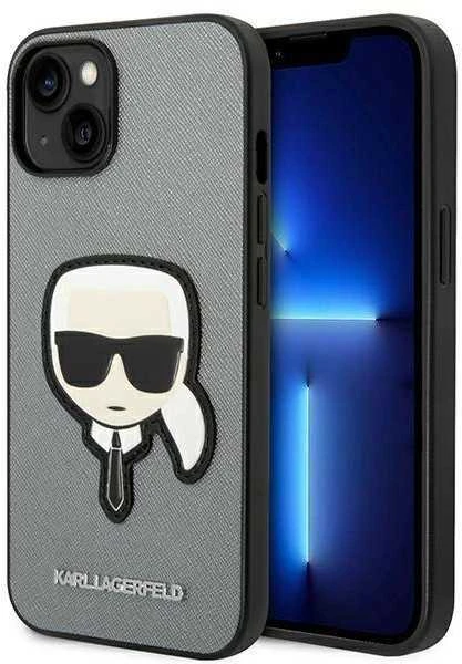 Karl Lagerfeld KLHCP14MSAPKHG iPhone 14 Plus 6,7 sidabrinis/sidabrinis deklas Saffiano Karl`s Head Patch