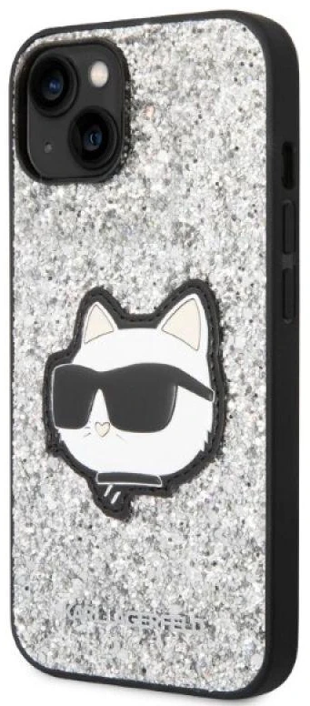 Karl Lagerfeld KLHCP14SG2CPS Apple iPhone 14/ 15 / 13 6,1″ sidabrinis kietas dėklas Glitter Choupette Patch