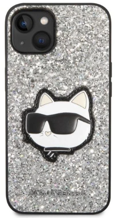 Karl Lagerfeld KLHCP14SG2CPS Apple iPhone 14/ 15 / 13 6,1″ sidabrinis kietas dėklas Glitter Choupette Patch