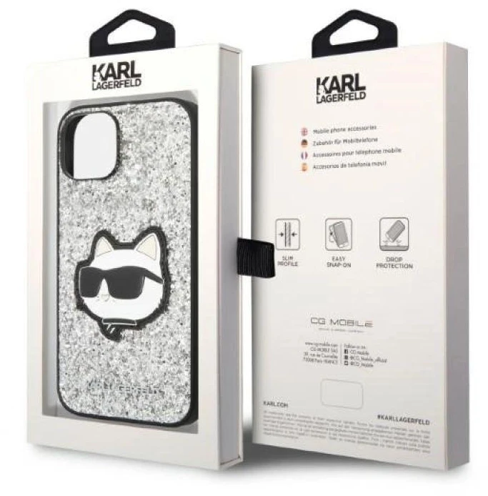Karl Lagerfeld KLHCP14SG2CPS Apple iPhone 14/ 15 / 13 6,1″ sidabrinis kietas dėklas Glitter Choupette Patch