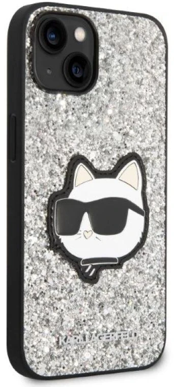 Karl Lagerfeld KLHCP14SG2CPS Apple iPhone 14/ 15 / 13 6,1″ sidabrinis kietas dėklas Glitter Choupette Patch
