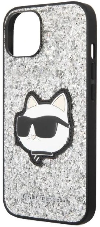 Karl Lagerfeld KLHCP14SG2CPS Apple iPhone 14/ 15 / 13 6,1″ sidabrinis kietas dėklas Glitter Choupette Patch