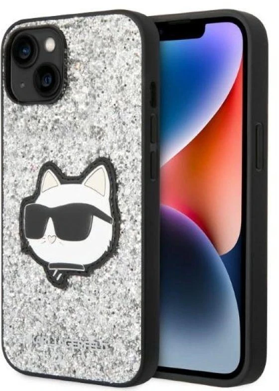 Karl Lagerfeld KLHCP14SG2CPS Apple iPhone 14/ 15 / 13 6,1″ sidabrinis kietas dėklas Glitter Choupette Patch