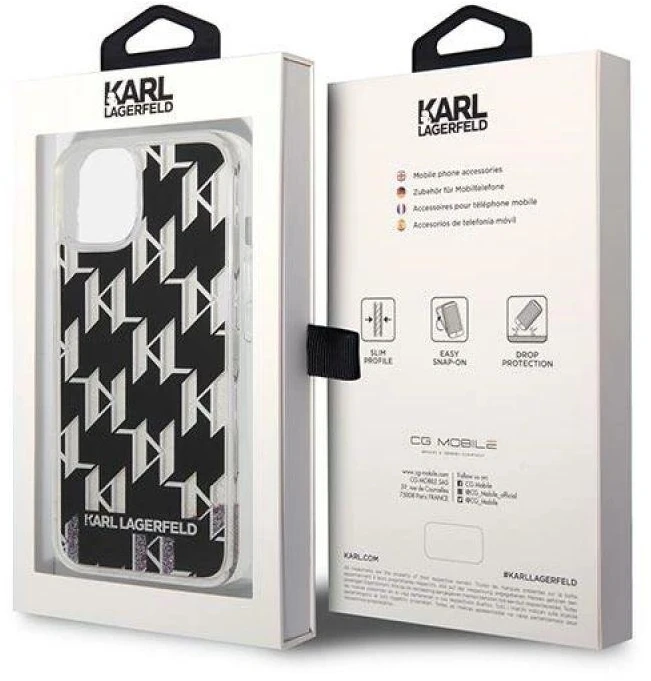 Karl Lagerfeld KLHCP14SLMNMK Apple iPhone 14/ 15 / 13 6,1″ kietas dėklas juodos spalvos Liquid Glitter Monogram
