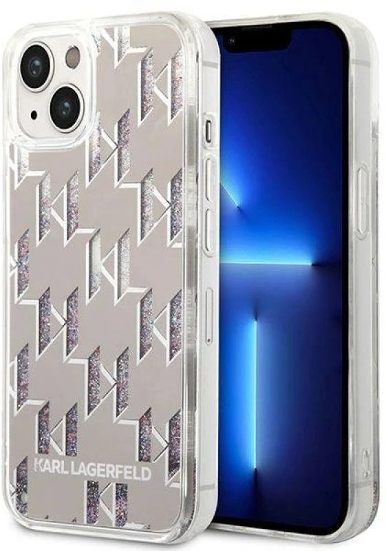 Karl Lagerfeld KLHCP14SLMNMS Apple iPhone 14/ 15 / 13 6,1″ kietas dėklas sidabrinis Liquid Glitter Monogram
