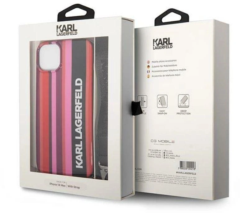 Dėklas Karl Lagerfeld KLHCP14SSTSTP Apple iPhone 14/ 15 / 13 6,1″ hardcase rožinės spalvos Color Stripes Strap
