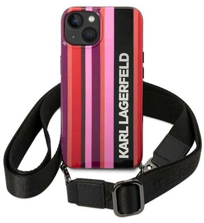 Dėklas Karl Lagerfeld KLHCP14SSTSTP Apple iPhone 14/ 15 / 13 6,1″ hardcase rožinės spalvos Color Stripes Strap