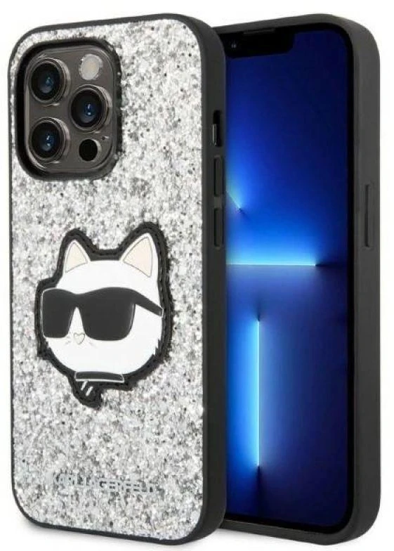 Karl Lagerfeld KLHCP14XG2CPS Apple iPhone 14 Pro Max 6,7″ sidabrinis kietas dėklas Glitter Choupette Patch