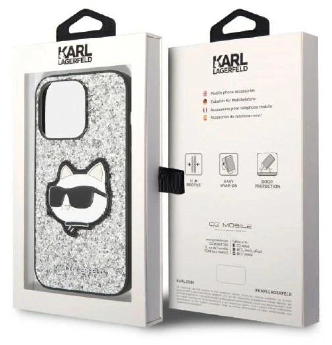 Karl Lagerfeld KLHCP14XG2CPS Apple iPhone 14 Pro Max 6,7″ sidabrinis kietas dėklas Glitter Choupette Patch