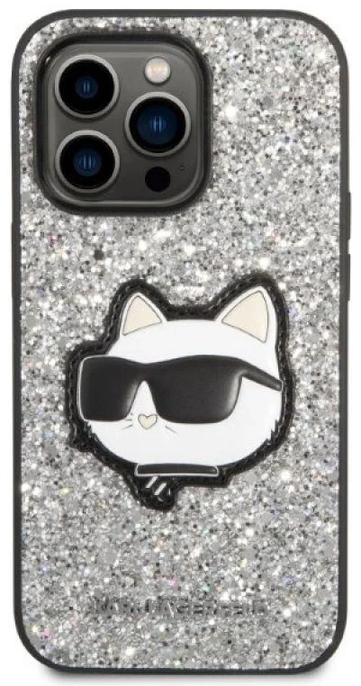 Karl Lagerfeld KLHCP14XG2CPS Apple iPhone 14 Pro Max 6,7″ sidabrinis kietas dėklas Glitter Choupette Patch