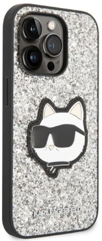 Karl Lagerfeld KLHCP14XG2CPS Apple iPhone 14 Pro Max 6,7″ sidabrinis kietas dėklas Glitter Choupette Patch