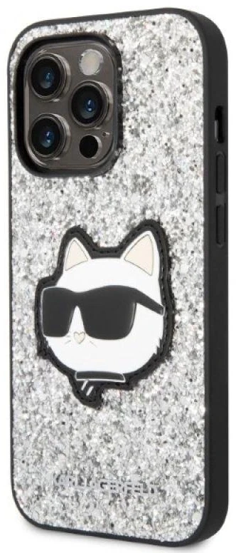 Karl Lagerfeld KLHCP14XG2CPS Apple iPhone 14 Pro Max 6,7″ sidabrinis kietas dėklas Glitter Choupette Patch