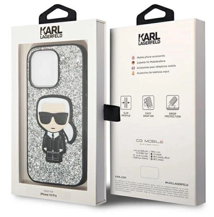 Karl Lagerfeld KLHCP14XGFKPG iPhone 14 Pro Max 6,7″ kietas dėklas sidabrinis Glitter Flakes Ikonik