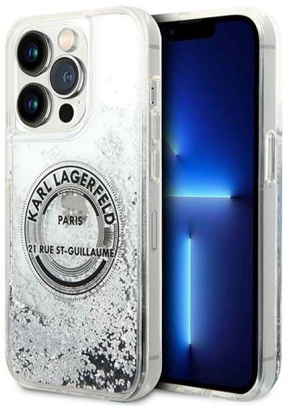 Apple iPhone 14 Pro Max Karl Lagerfeld dėklas Liquid Glitter RSG sidabrinės spalvos