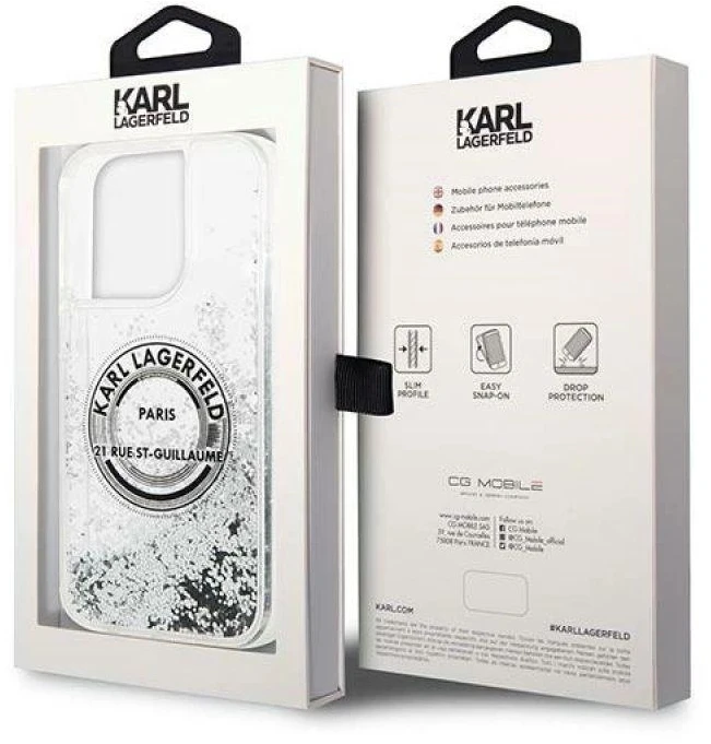 Apple iPhone 14 Pro Max Karl Lagerfeld dėklas Liquid Glitter RSG sidabrinės spalvos