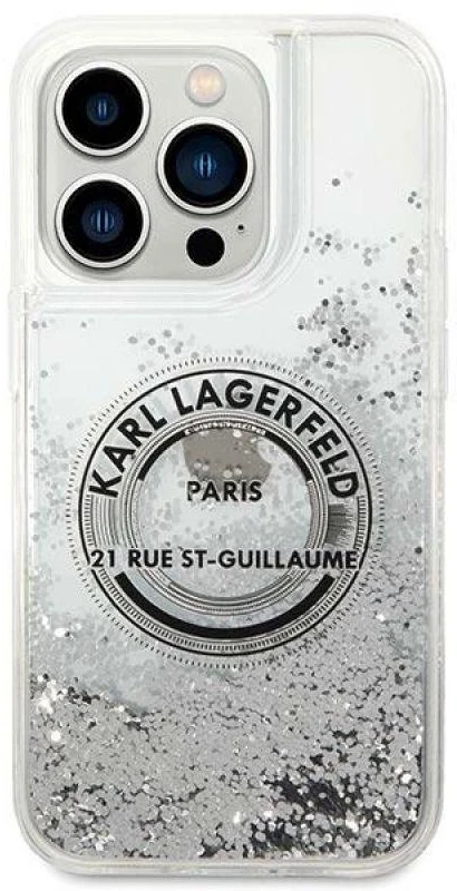 Apple iPhone 14 Pro Max Karl Lagerfeld dėklas Liquid Glitter RSG sidabrinės spalvos
