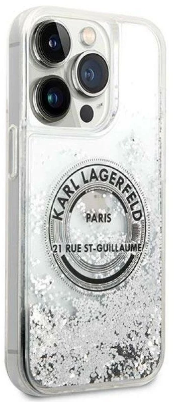 Apple iPhone 14 Pro Max Karl Lagerfeld dėklas Liquid Glitter RSG sidabrinės spalvos