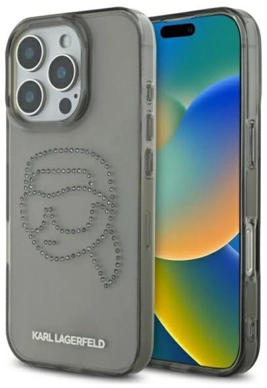 Karl Lagerfeld KLHCP16XHKHDCELK Apple iPhone 16 Pro Max 6.9″ juodos spalvos kietas dėklas IML Rhinestones Karl Head