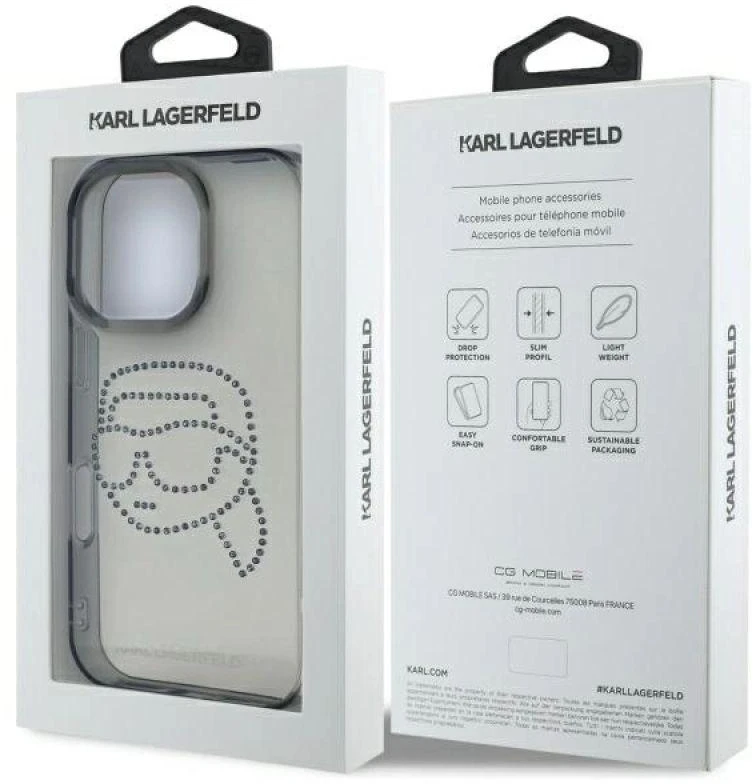 Karl Lagerfeld KLHCP16XHKHDCELK Apple iPhone 16 Pro Max 6.9″ juodos spalvos kietas dėklas IML Rhinestones Karl Head