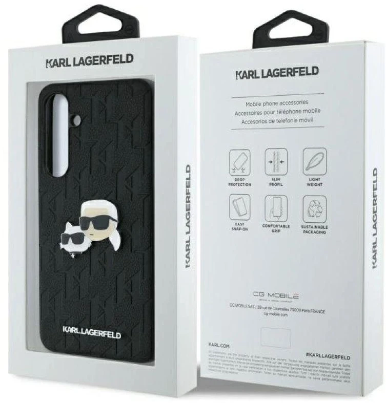 Karl Lagerfeld KLHCS24FEPGKLKCPK Samsung Galaxy S24 FE S721 juodos spalvos kietas dėklas Monogram Karl&Chaoupette Head Pin