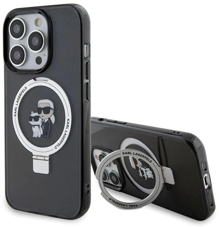 Karl Lagerfeld KLHMP13LHMRSKCK Apple iPhone 13 Pro 6.1″ juodos spalvos kietas dėklas Ring Stand Karl&Choupettte Ma