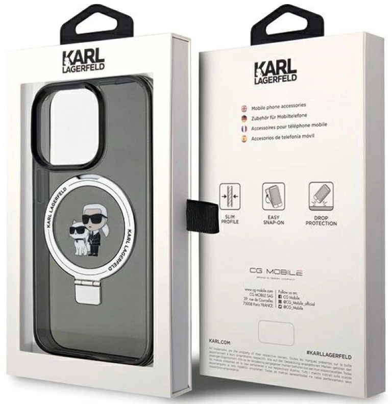 Karl Lagerfeld KLHMP13LHMRSKCK Apple iPhone 13 Pro 6.1″ juodos spalvos kietas dėklas Ring Stand Karl&Choupettte Ma