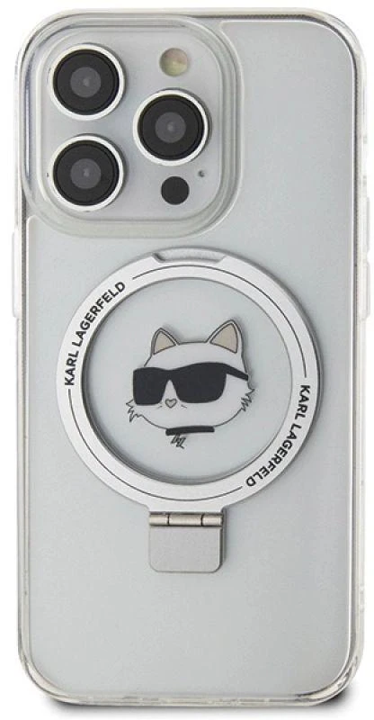 Karl Lagerfeld KLHMP15LHMRSCHH Apple iPhone 15 Pro 6.1″ baltos spalvos kietas dėklas Ring Stand Choupette Head MagS
