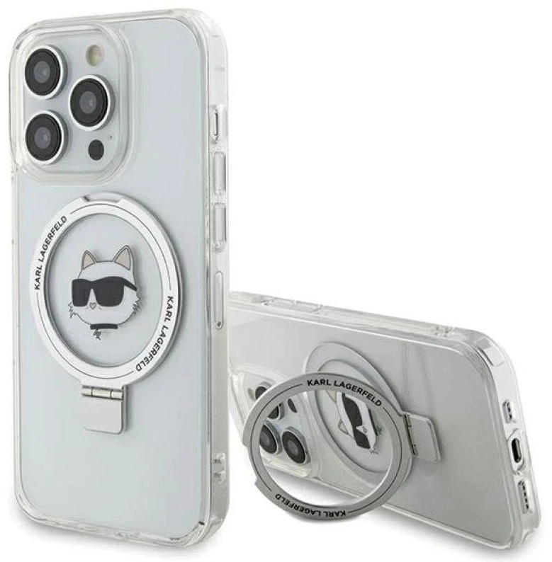 Karl Lagerfeld KLHMP15LHMRSCHH Apple iPhone 15 Pro 6.1″ baltos spalvos kietas dėklas Ring Stand Choupette Head MagS