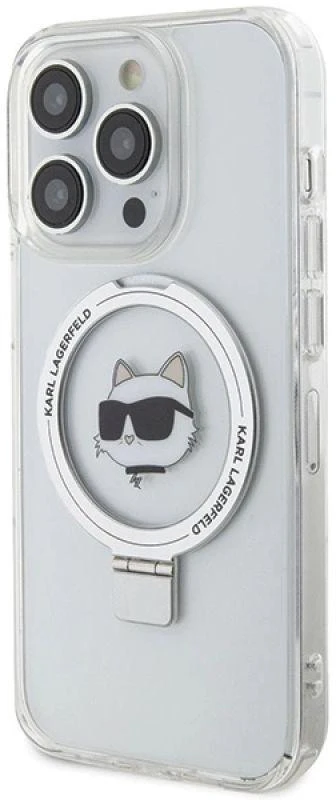 Karl Lagerfeld KLHMP15LHMRSCHH Apple iPhone 15 Pro 6.1″ baltos spalvos kietas dėklas Ring Stand Choupette Head MagS