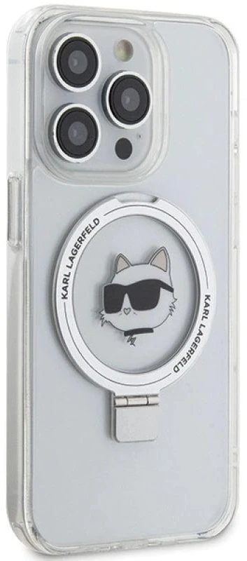 Karl Lagerfeld KLHMP15LHMRSCHH Apple iPhone 15 Pro 6.1″ baltos spalvos kietas dėklas Ring Stand Choupette Head MagS