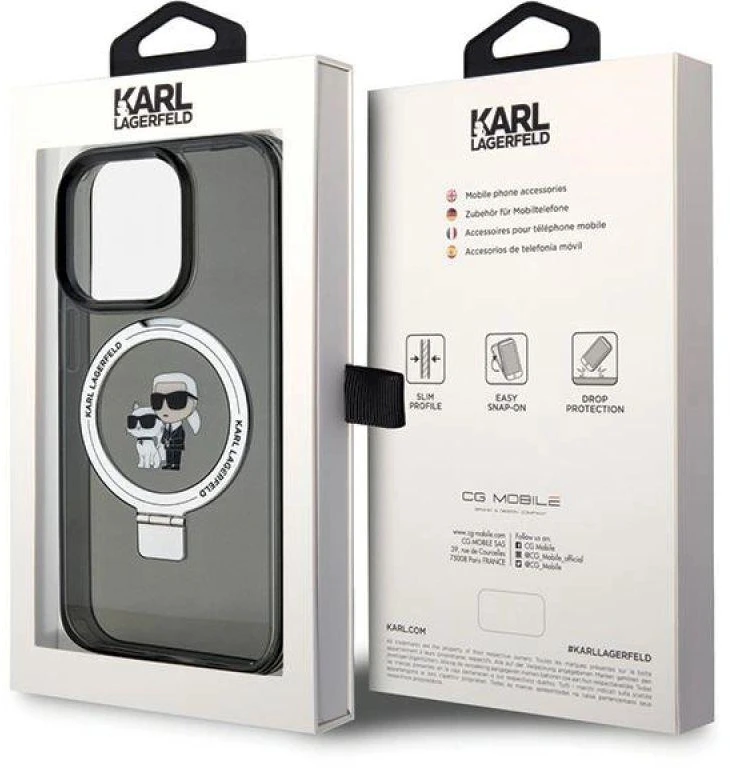 Karl Lagerfeld KLHMP15LHMRSKCK Apple iPhone 15 Pro 6.1″ juodos spalvos kietas dėklas Ring Stand Karl&Choupettte Ma