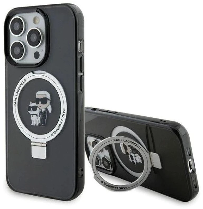 Karl Lagerfeld KLHMP15LHMRSKCK Apple iPhone 15 Pro 6.1″ juodos spalvos kietas dėklas Ring Stand Karl&Choupettte Ma