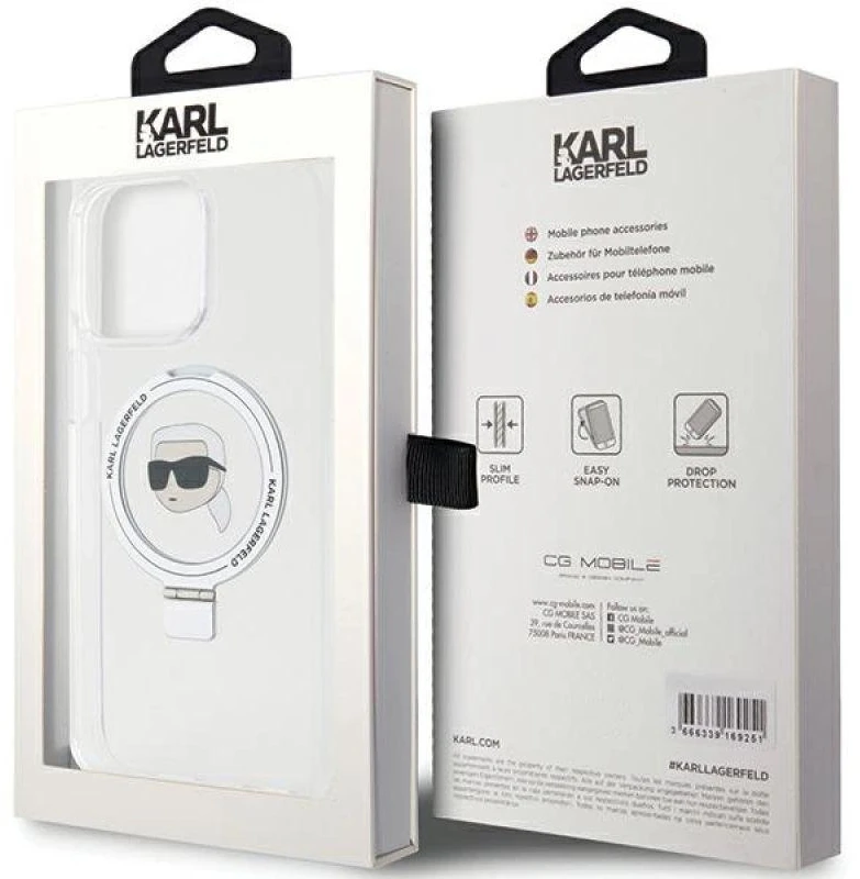 Karl Lagerfeld KLHMP15LHMRSKHH Apple iPhone 15 Pro 6.1″ baltos spalvos kietas dėklas Ring Stand Karl Head MagSafe