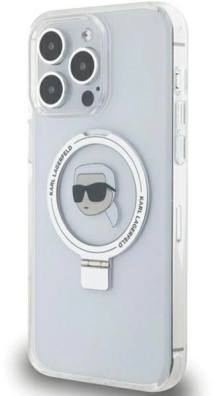 Karl Lagerfeld KLHMP15LHMRSKHH Apple iPhone 15 Pro 6.1″ baltos spalvos kietas dėklas Ring Stand Karl Head MagSafe