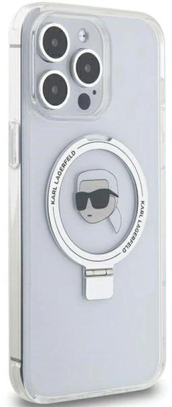 Karl Lagerfeld KLHMP15LHMRSKHH Apple iPhone 15 Pro 6.1″ baltos spalvos kietas dėklas Ring Stand Karl Head MagSafe