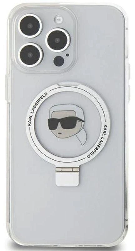 Karl Lagerfeld KLHMP15LHMRSKHH Apple iPhone 15 Pro 6.1″ baltos spalvos kietas dėklas Ring Stand Karl Head MagSafe