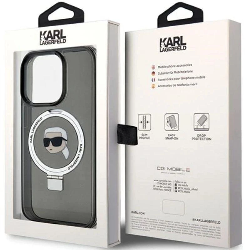 Karl Lagerfeld KLHMP15LHMRSKHK iPhone 15 Pro 6.1″ juodos spalvos kietas dėklas su žiediniu stovu Karl Head MagSafe