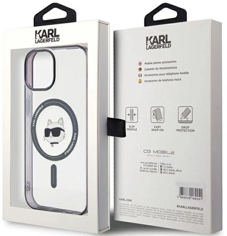 Karl Lagerfeld KLHMP15SHCHNOTK Apple iPhone 15/ 14 / 13 6.1″ skaidrus kietas dėklas IML Choupette`s Head Mag